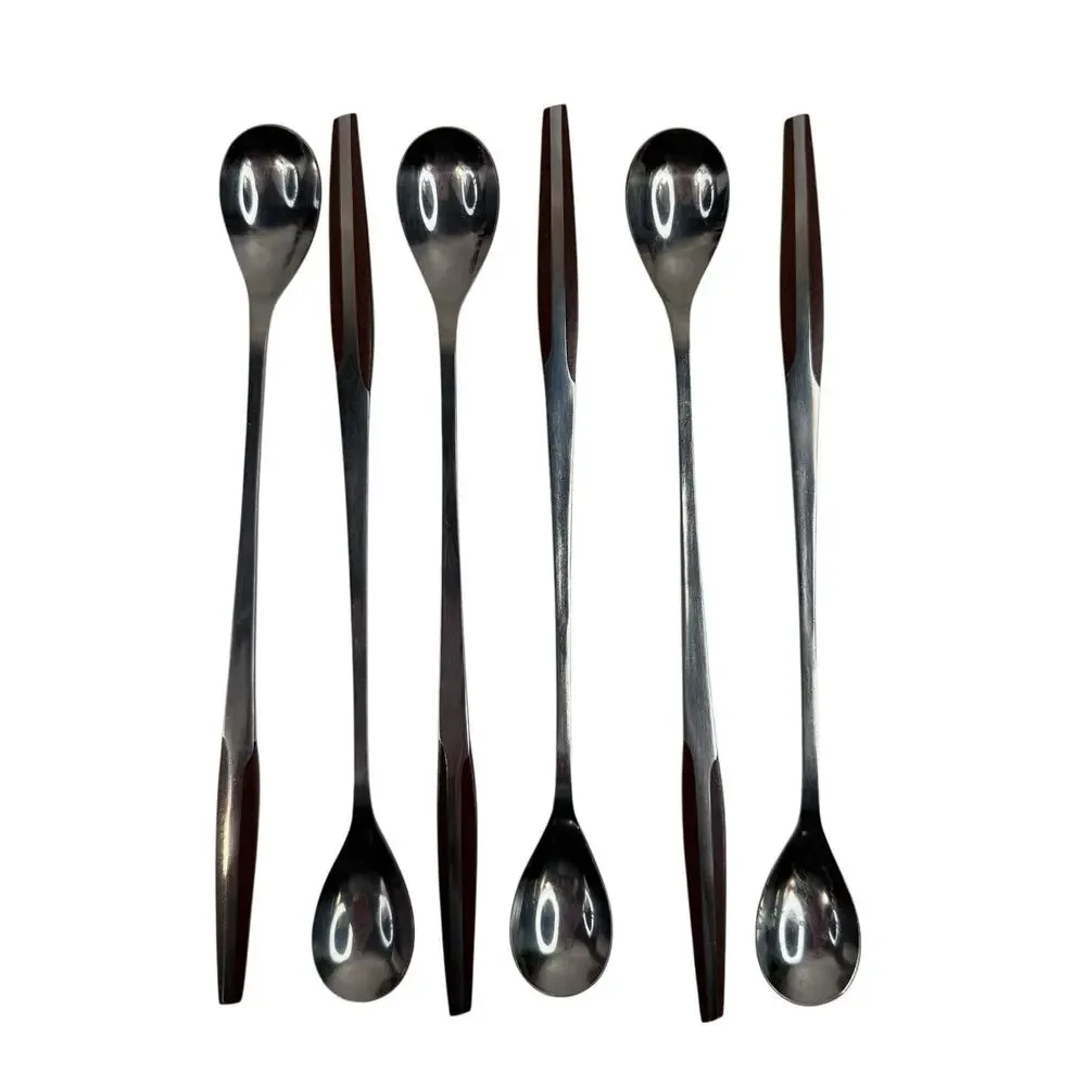 Eldan ELD2-BROWN Set‎ 6 Iced Tea Spoons Mid Century Modern Flatware Stainless